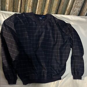 Men’s lined navy&white plaid LS Jantzen pullover.Ribbed cuffs &waistband size lg